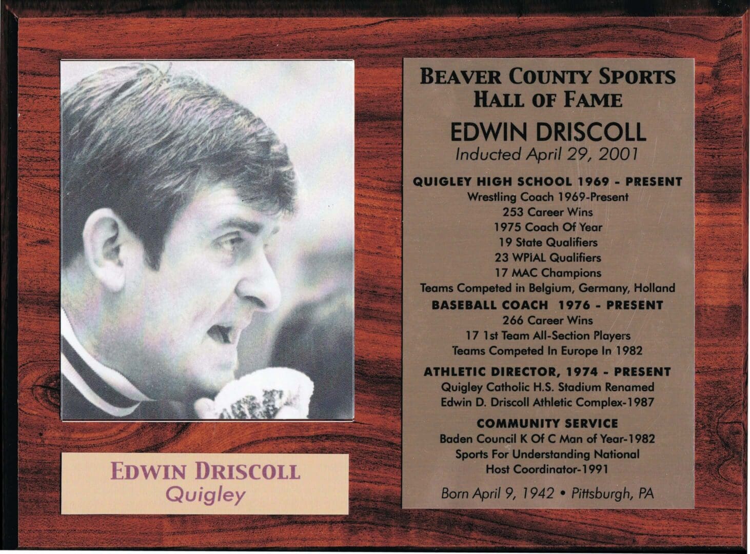 Edwin Driscoll's Hall of Fame plaque and photo, honoring his football achievements.