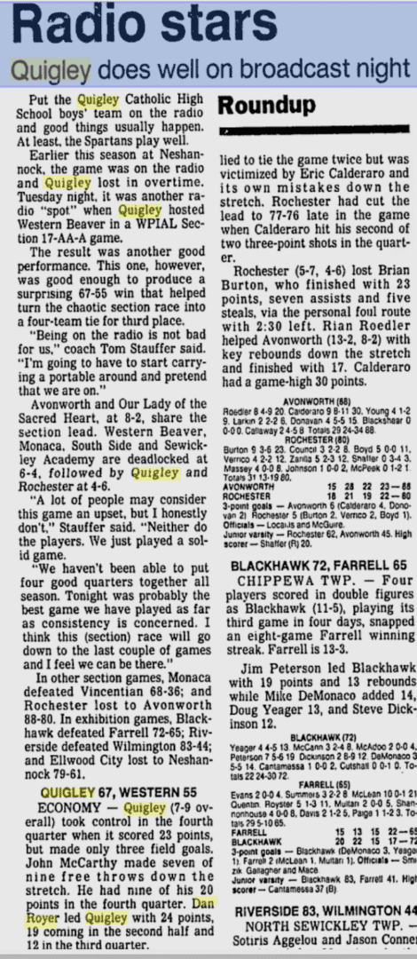 A newspaper clipping about a basketball game with player statistics and scores.