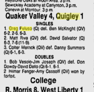 A vintage tennis match summary between Quigley and opponents with scores and player details.