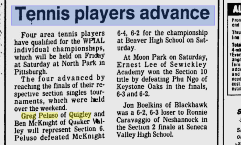 Newspaper clipping about tennis players advancing in a tournament.