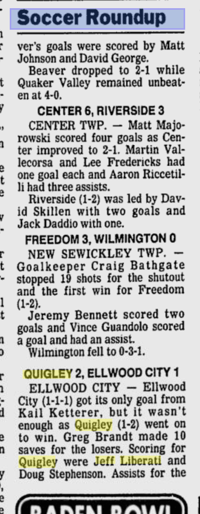 Newspaper sports report on local soccer games and scores.