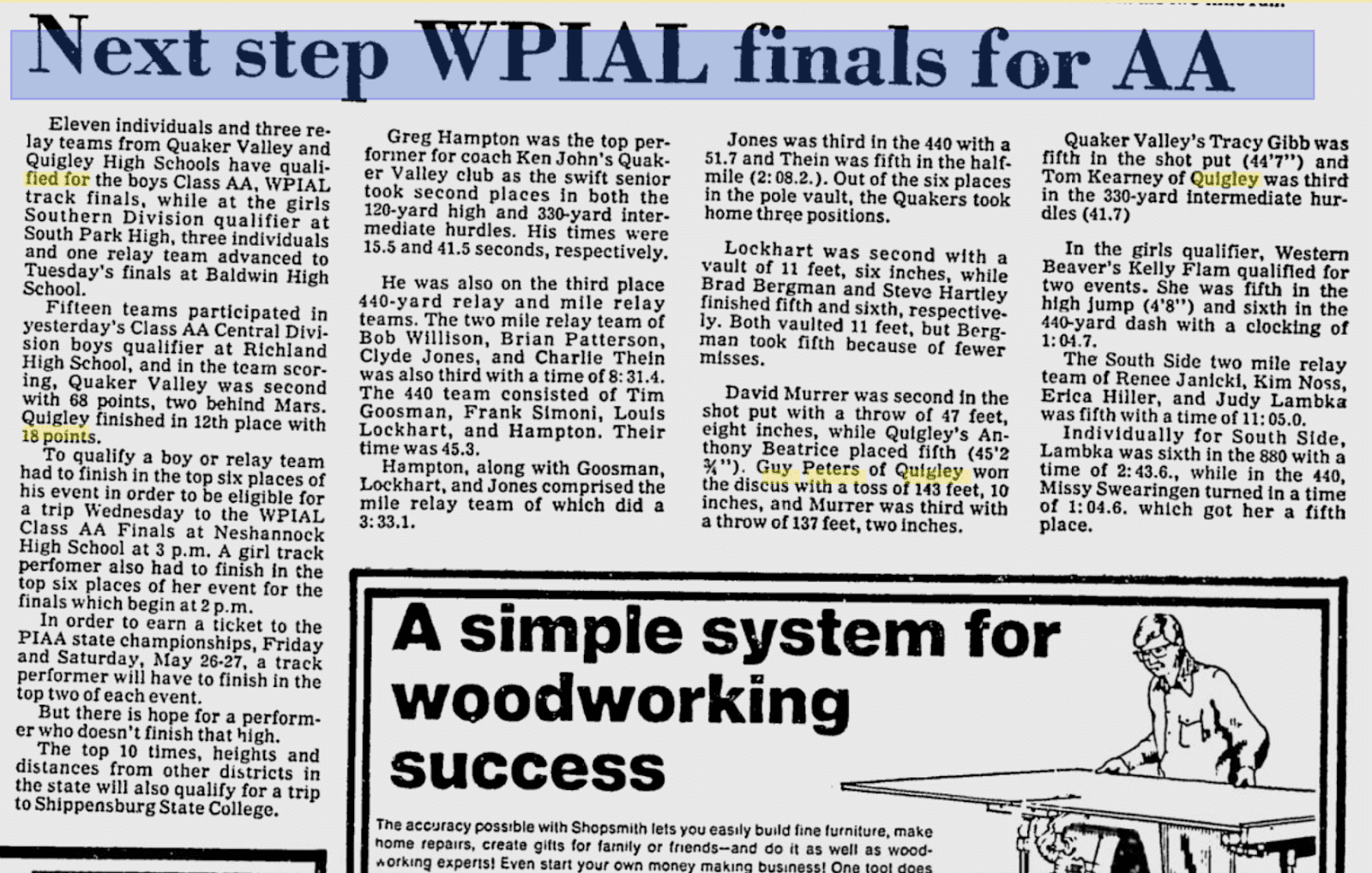 Newspaper clipping about WPIAL finals and a woodworking success system ad.