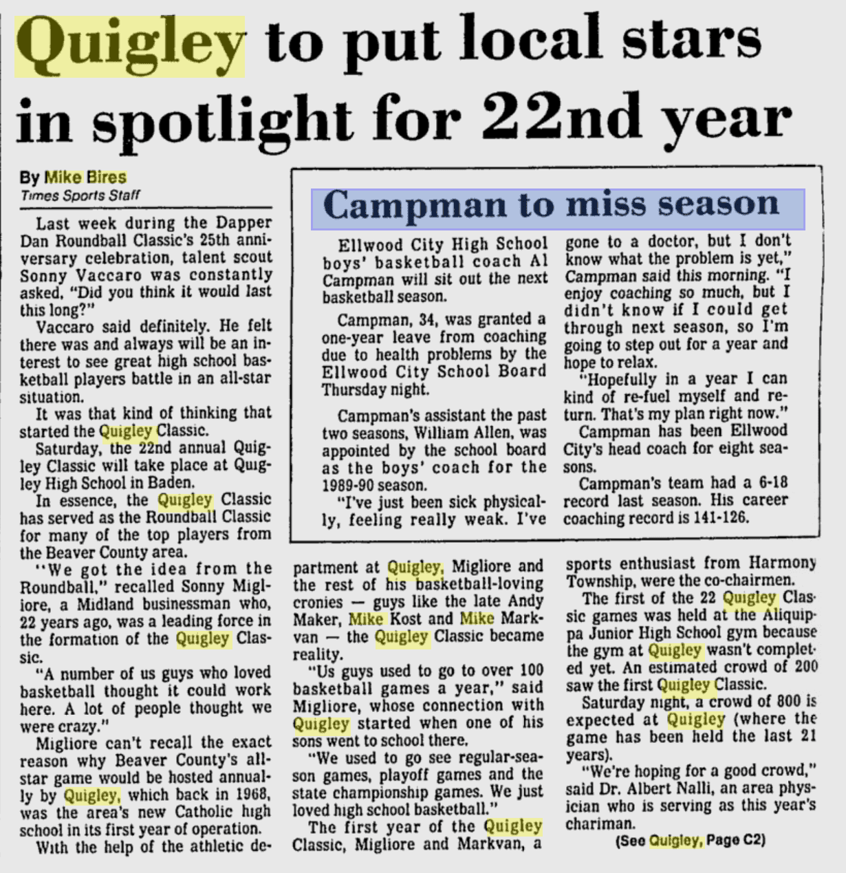 Newspaper article about Quigley basketball event.