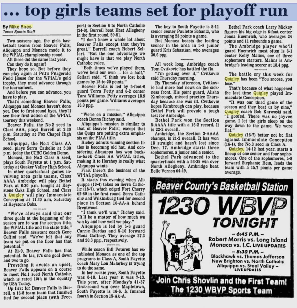Newspaper article about girls' basketball playoffs.