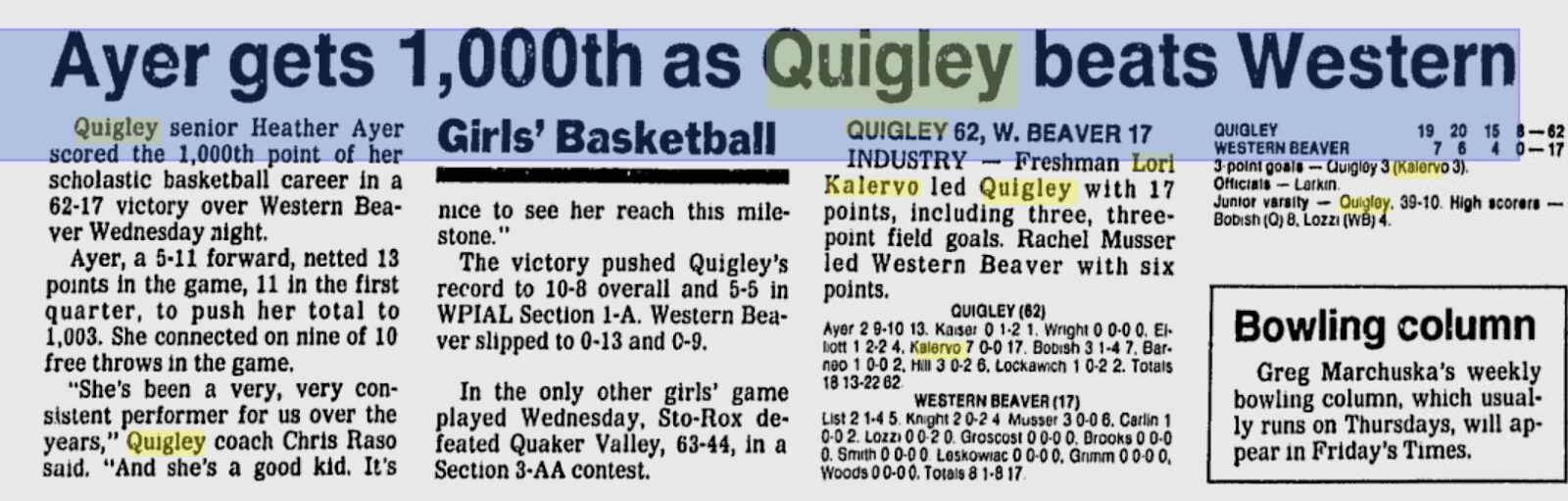 Newspaper article about Quigley basketball victory.
