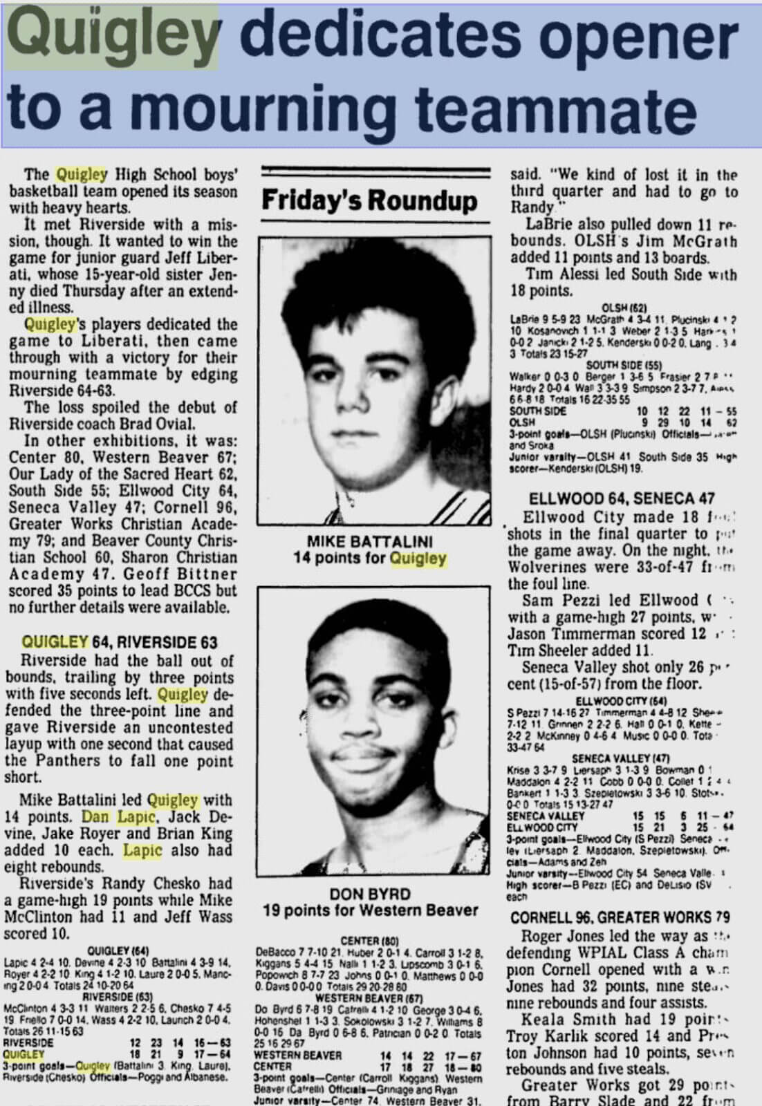 Newspaper article about a basketball game.