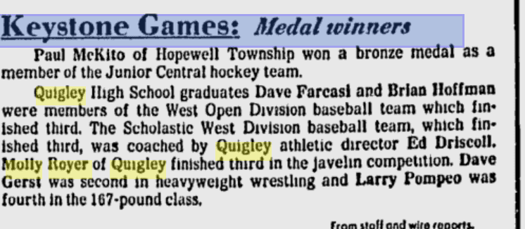 Newspaper clipping listing sports medal winners from Hopewell Township and other teams.