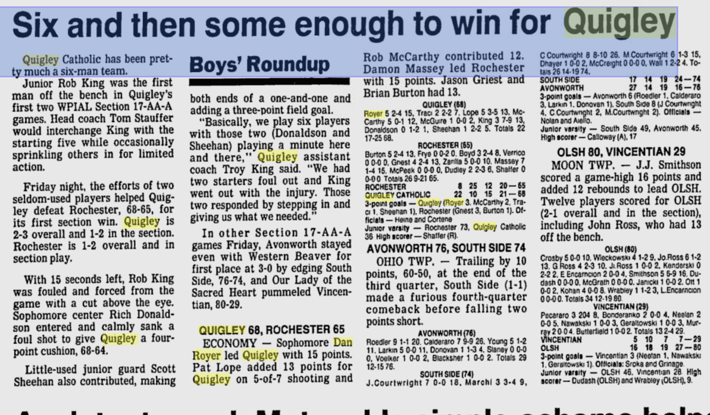Newspaper article about Quigley's sports victory.
