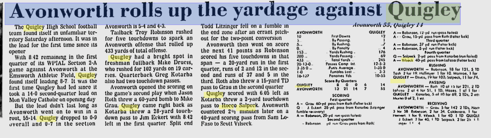 Newspaper clipping detailing a football game with stats and plays.