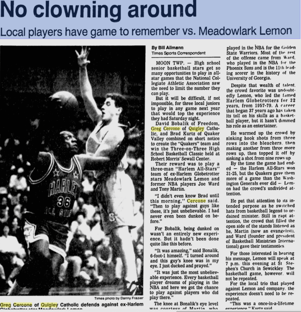 Football player celebrates after scoring in a game against Meadowlark Lemon.