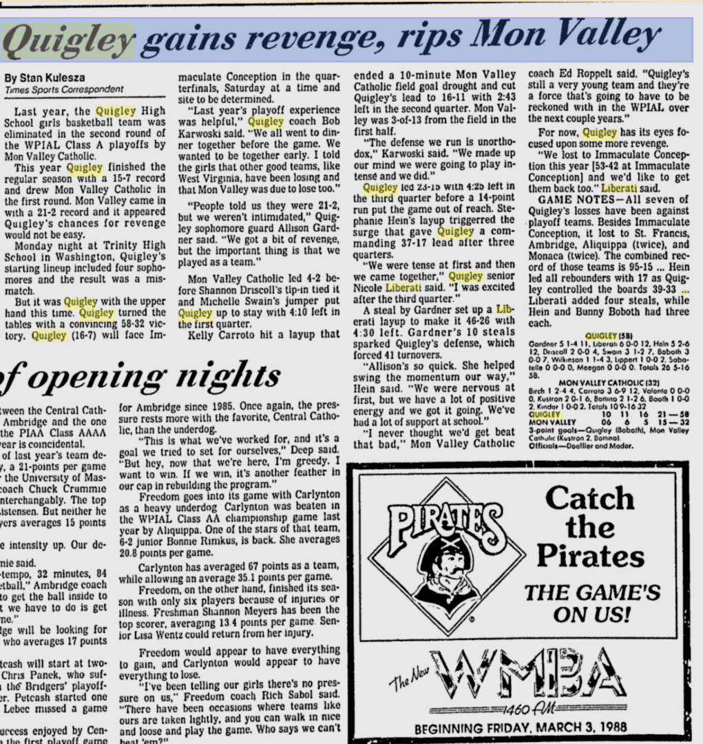 Newspaper clipping about Quigley's revenge in a Mon Valley game.