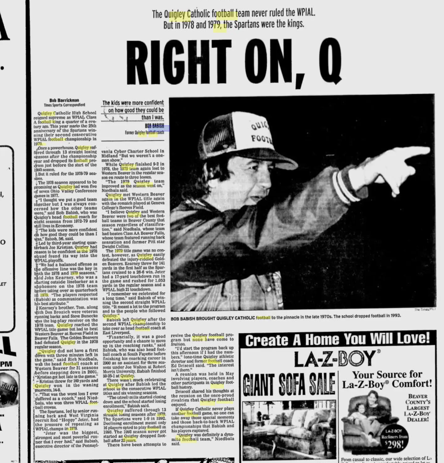Newspaper article titled 'RIGHT ON, Q' with a man pointing.