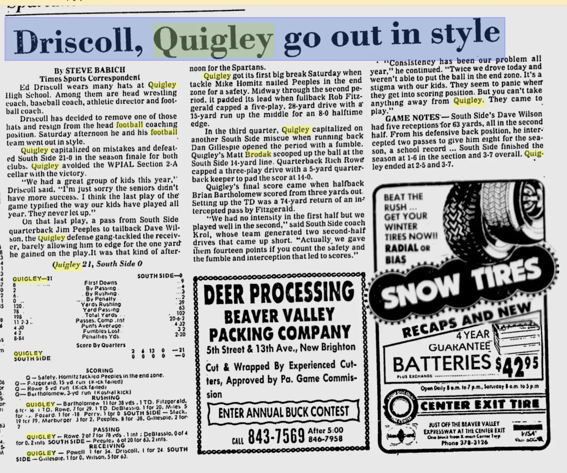 Newspaper article titled 'Driscoll, Quigley go out in style' with sports content.