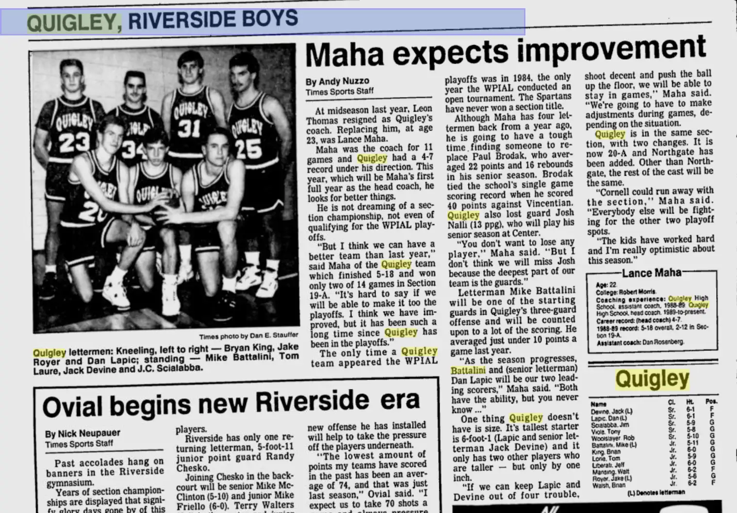New Riverside Boys basketball coach Bob Maha expects team improvement.