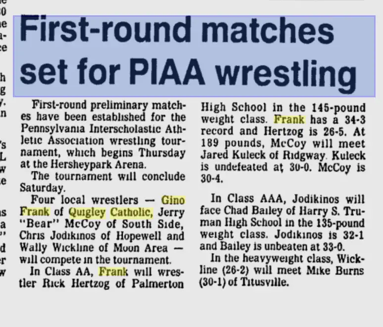 Newspaper clipping listing first-round matches for PIAA wrestling.
