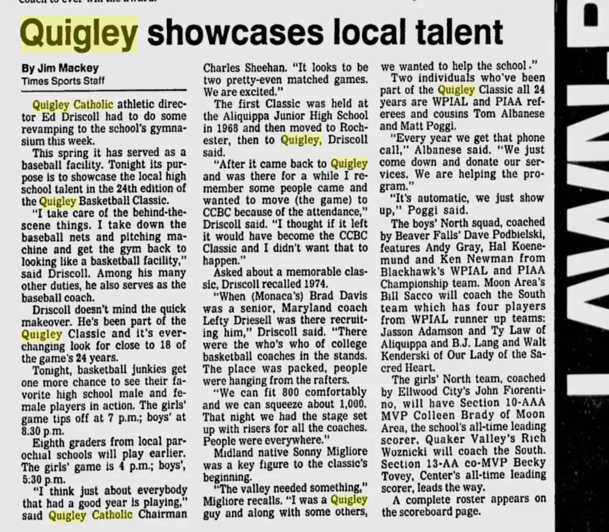 Newspaper article highlights local talent showcased by Quigley.