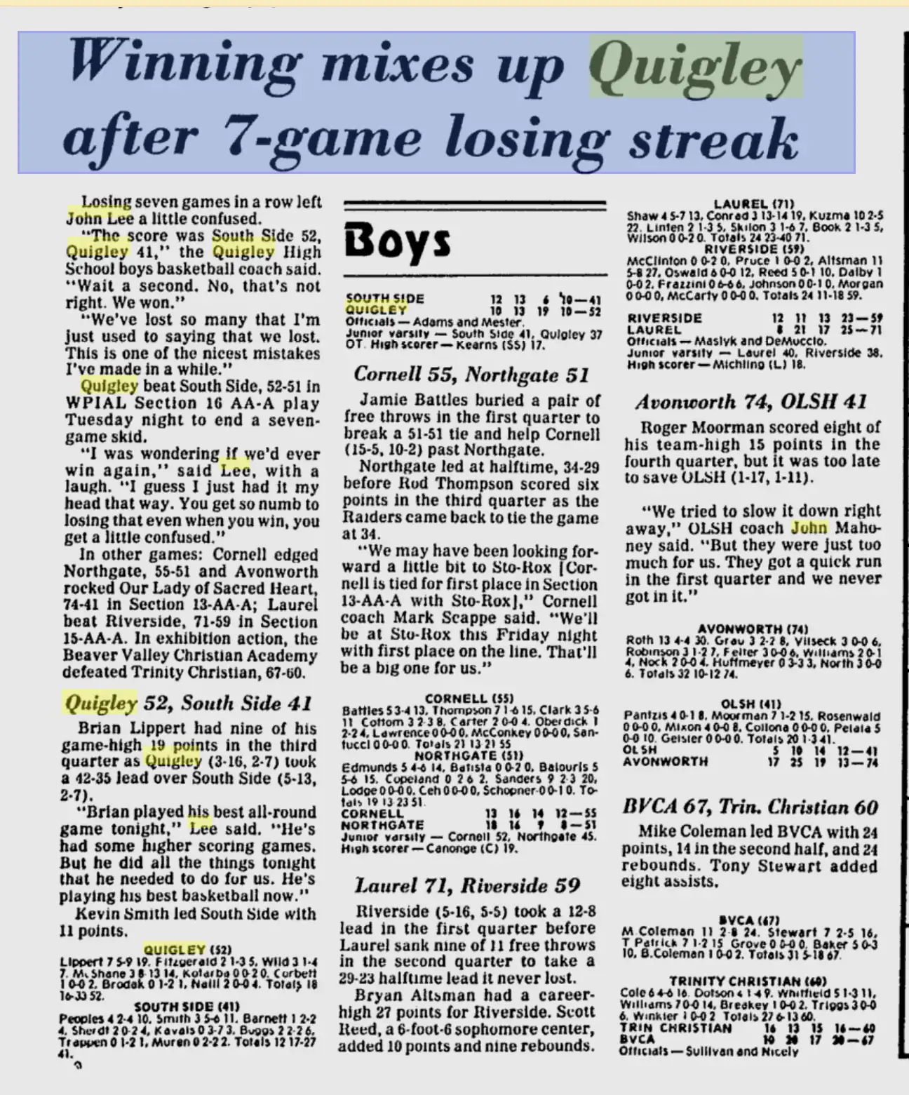 Boys' basketball scores and summaries after a 7-game losing streak.