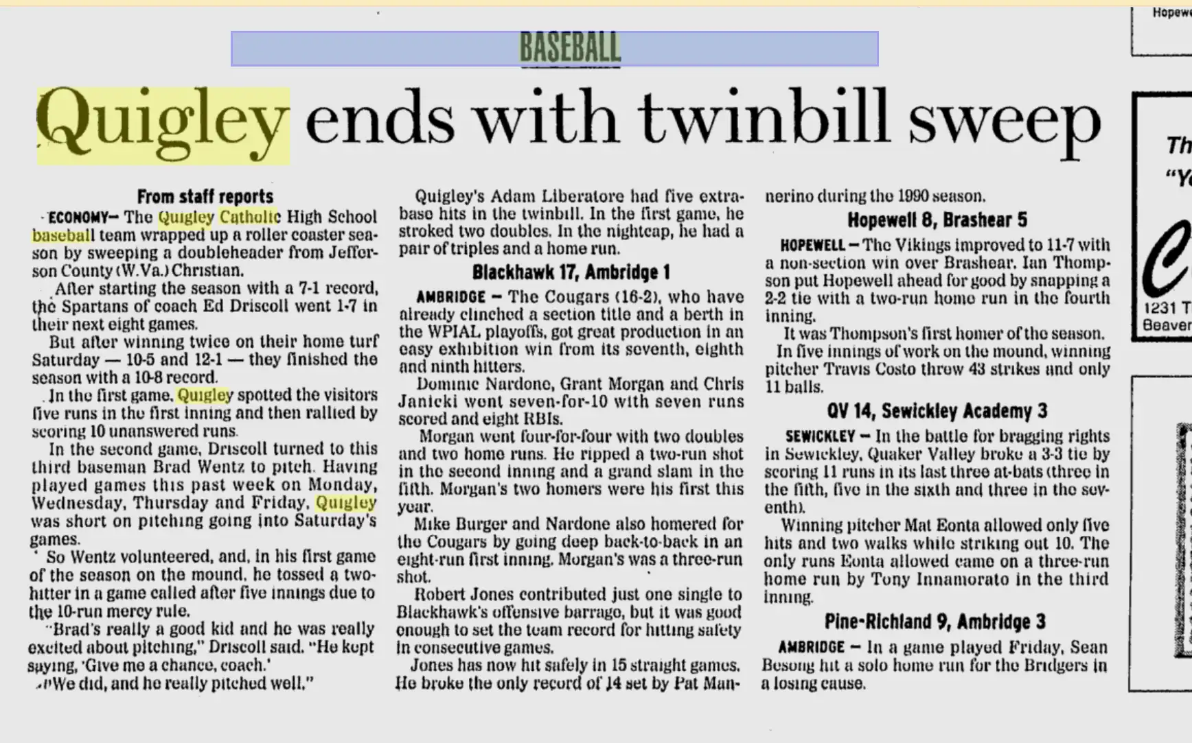 Newspaper clipping about a fatal twinbill swimming accident.