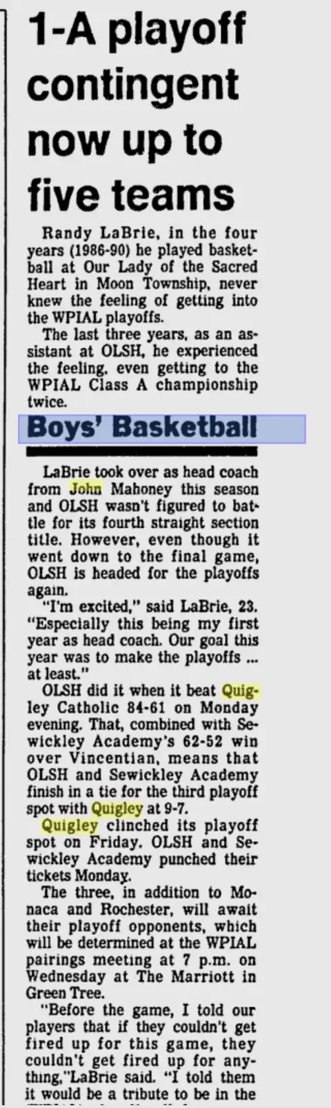 LaBrie named head coach for Boys' Basketball at QHS.
