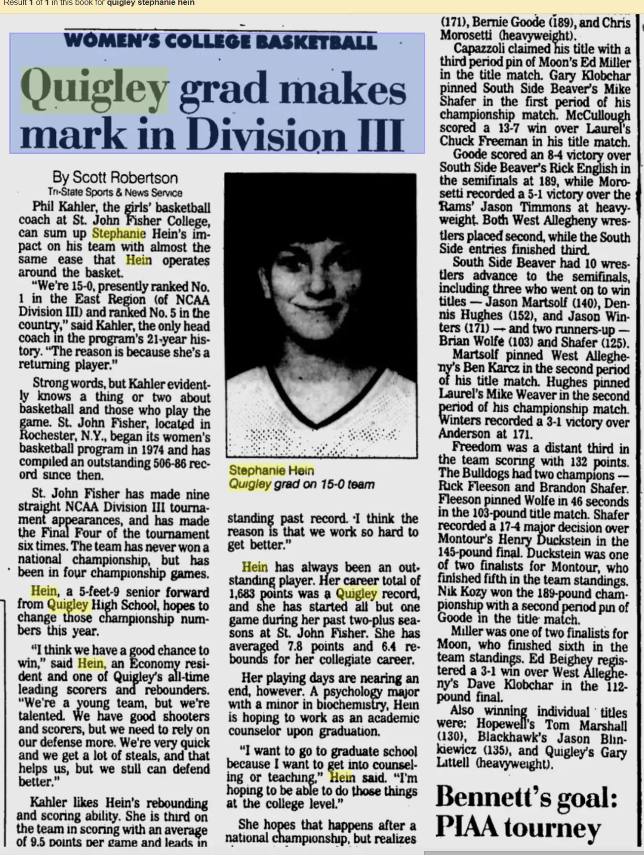 Article about Susan Honken, a volleyball player in Division III.